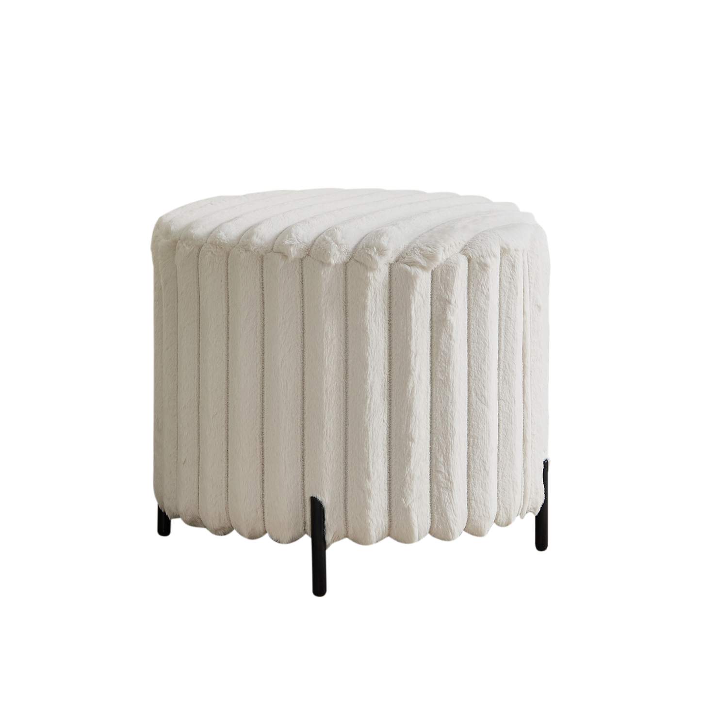 Beige Upholstered Round Pouf Ottoman Foot Rest with Black Metal Legs, Faux Fur, 22.05' Wide W3098P272526