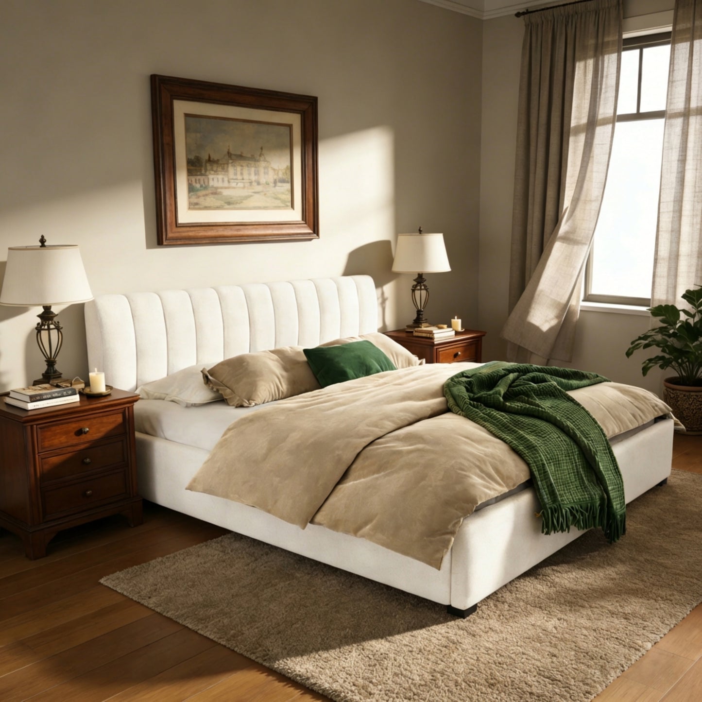 King Size Upholstered Bed Frame With Linen Fabric, Thick Headboard And Solid Wood Legs, Beige  N757K374304I
