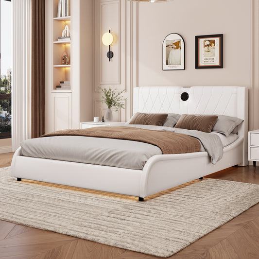 Full Size Luxurious Faux Leather Upholstered Platform Bed with Thickened Headboard, Bluetooth Speakers and RGB LED Light, No Box Spring Needed, White  N701P241046C