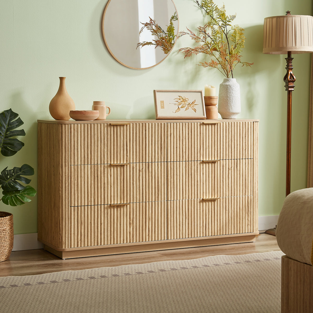 6 Drawers Dresser,55' Wide Modern Chest of Drawers Curved wave Design, Dresser TV Stand, Wood Drawer Organizer for Bedroom, Living Room, Hallway, Walnut,55.12''W x 15.75''D x 31.5''H.  W1820S00069