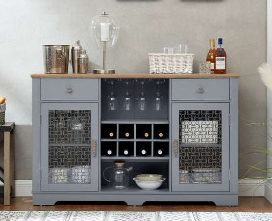 Modern Farmhouse Buffet Cabinet, Sideboard with 2 Drawers and Elegant Glass Door Cabinets, Wine and Glass Rack, Coffee Bar for Kitchen, Dining Room, Light Blue and Light Oak, 56.46'W*15.55'D*35.74'H   W1758P147682