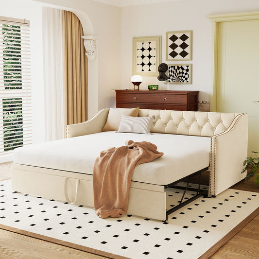 Twin Size Upholstered daybed with Pop Up Trundle, Beige  SF000133AAA