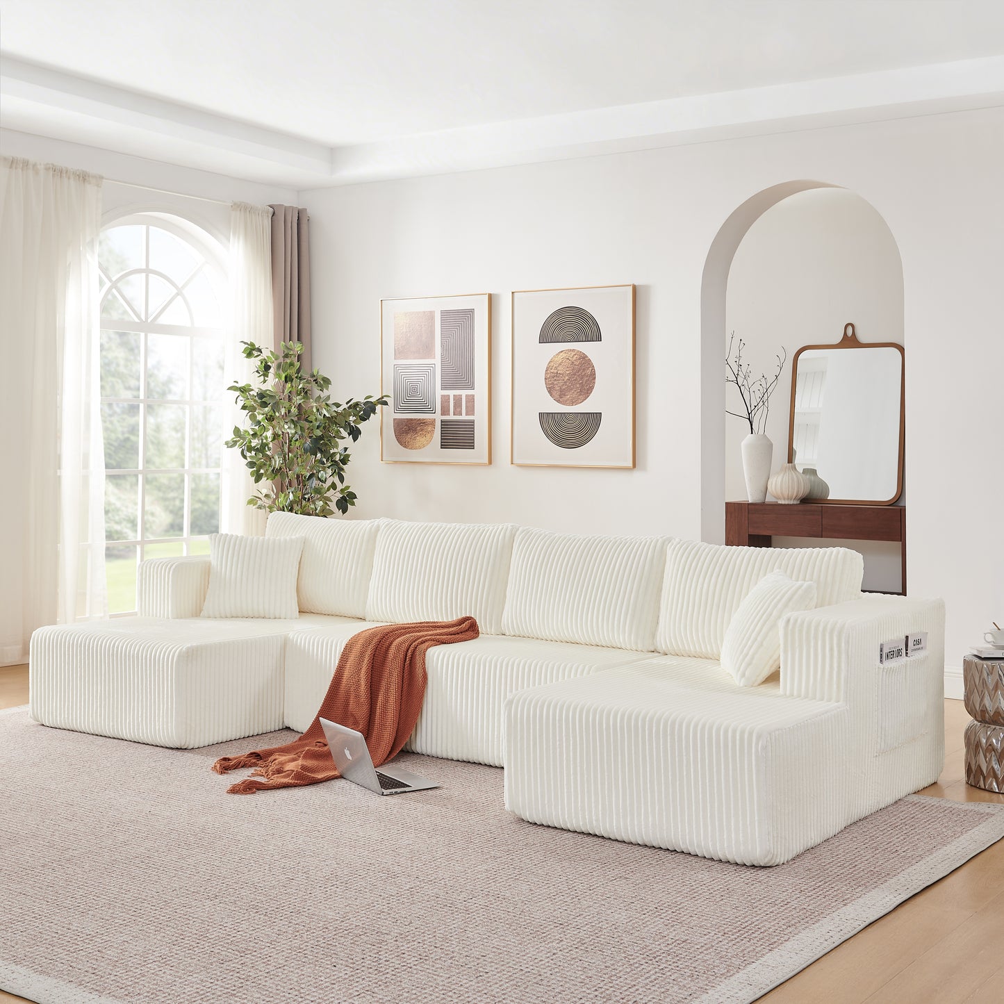 132' U Shaped Modular Sectional Sofa, Comfy Compressed Cloud Couch with Side Pockets, Modern Minimalist Corduroy Memory Foam Sleeper Sofa for Living Room, No Assembly Required,Beige  W5802S00002