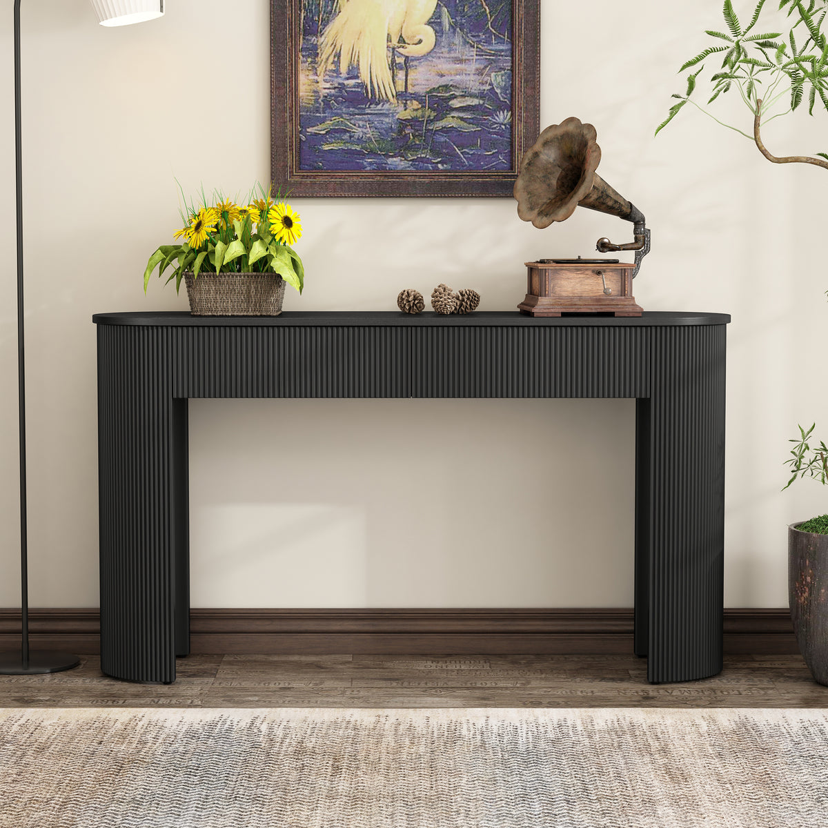 TREXM Entryway Table with Fluted Design, Modern Console Table with Storage, Oval Top and 2 Drawers for Entryway and Living Room (Black)  N715P233435B