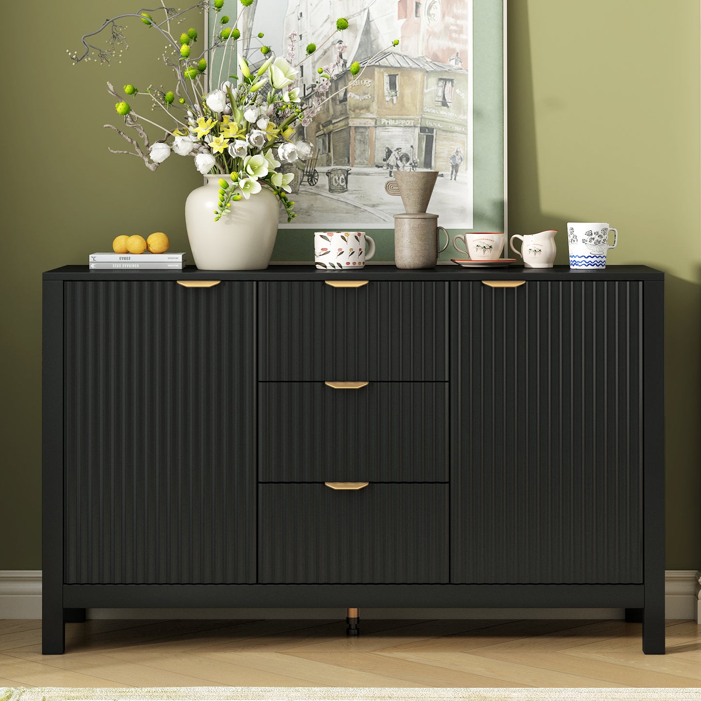 U_STYLE Sideboard with Wave Design - 3 Adjustable Shelves, 3 Drawers & Soft-Close Doors, Storage Console Table with Metal Handles, Suitable for Study, Hallway and Living Room, 3 Colors  N711P269066B