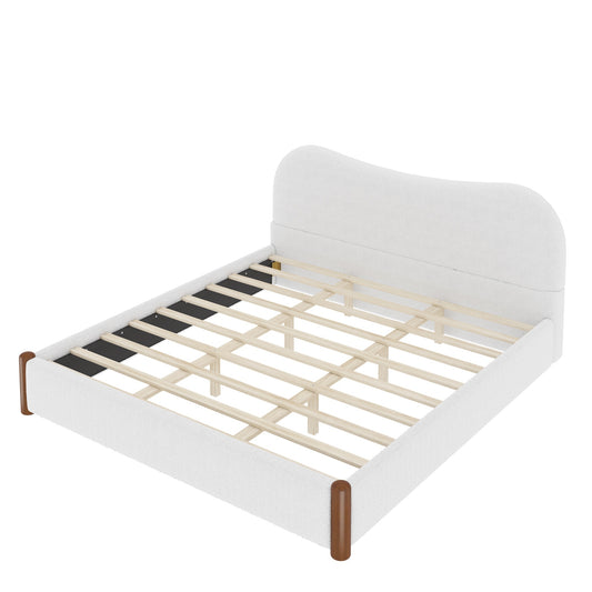 Modern White Upholstered King Platform Bed with Wood Feet, Berber Fleece Fabric, 86L x 78W x 34H inches  N7500002302K
