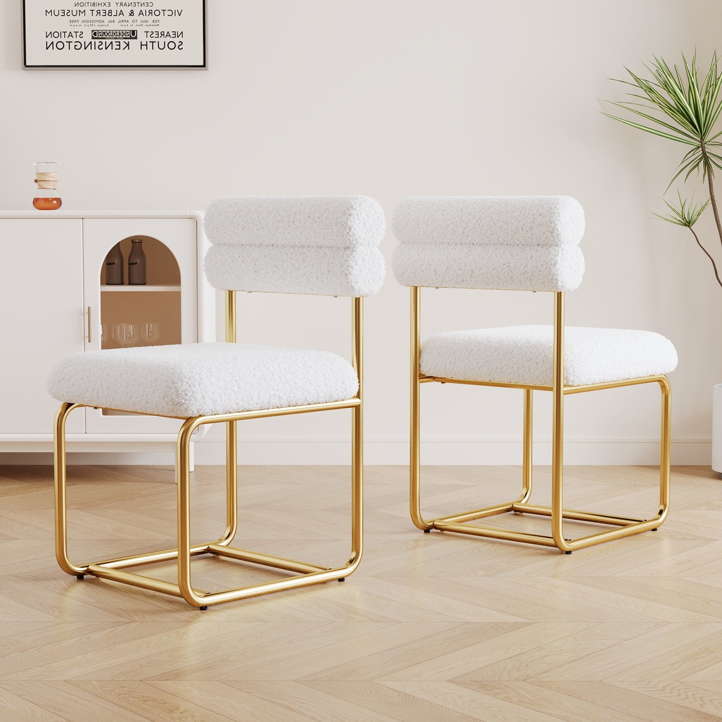 Set of two white teddy fabric dining chairs, circular thick cushioned dining chairs for kitchen and homein, medieval modern minimalist dining chairs, sturdy and comfortable W1727P237751