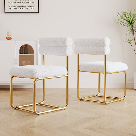 Set of two white teddy fabric dining chairs, circular thick cushioned dining chairs for kitchen and homein, medieval modern minimalist dining chairs, sturdy and comfortable W1727P237751