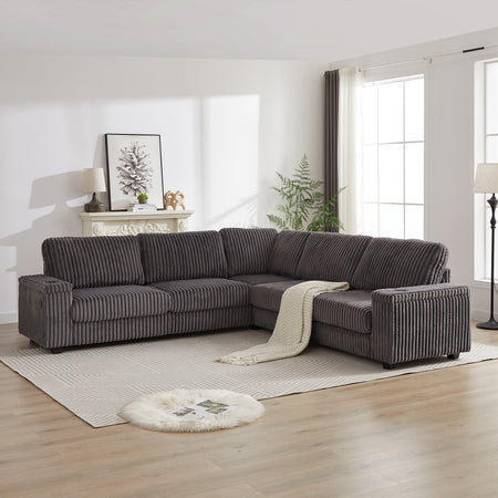 110-Inch Oversized Corduroy Corner Sofa,L Shaped Corner Couch with two storage spaces,USB port & Type-C port and Cup-holder , Deep Seat Comfy Upholstered Couches for Living Room(Not freely combinable)  W834S00285