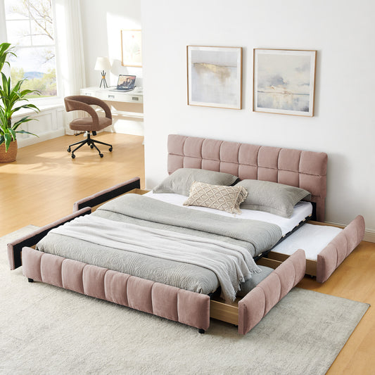 Queen Size Upholstered Bed ,comfortable upholstered bed frame, Chenille fabric, with headboard and solid bed frame. With drawer for storage.-Pink(88.5''*68.5''*31'')  W487P235284