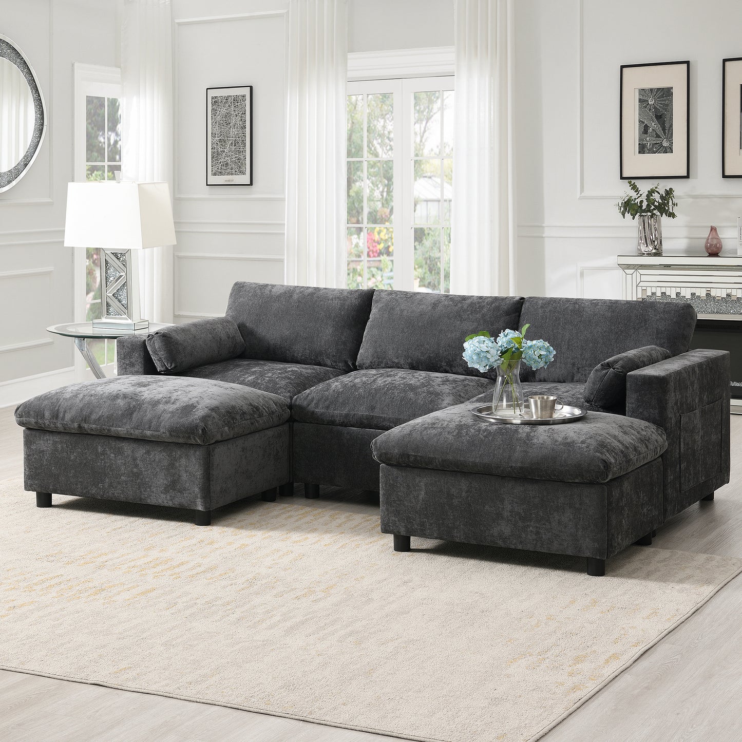 [VIDEO]86.5'' Chenille Modular Sectional Sofa with Storage Pockets, 5 Seat U Shaped Couch Set with Pillows,Free Combination,Modern Cloud Sofa with 2 Movable Ottoman for Living Room,Apartment,3 Colors  N723S8723E