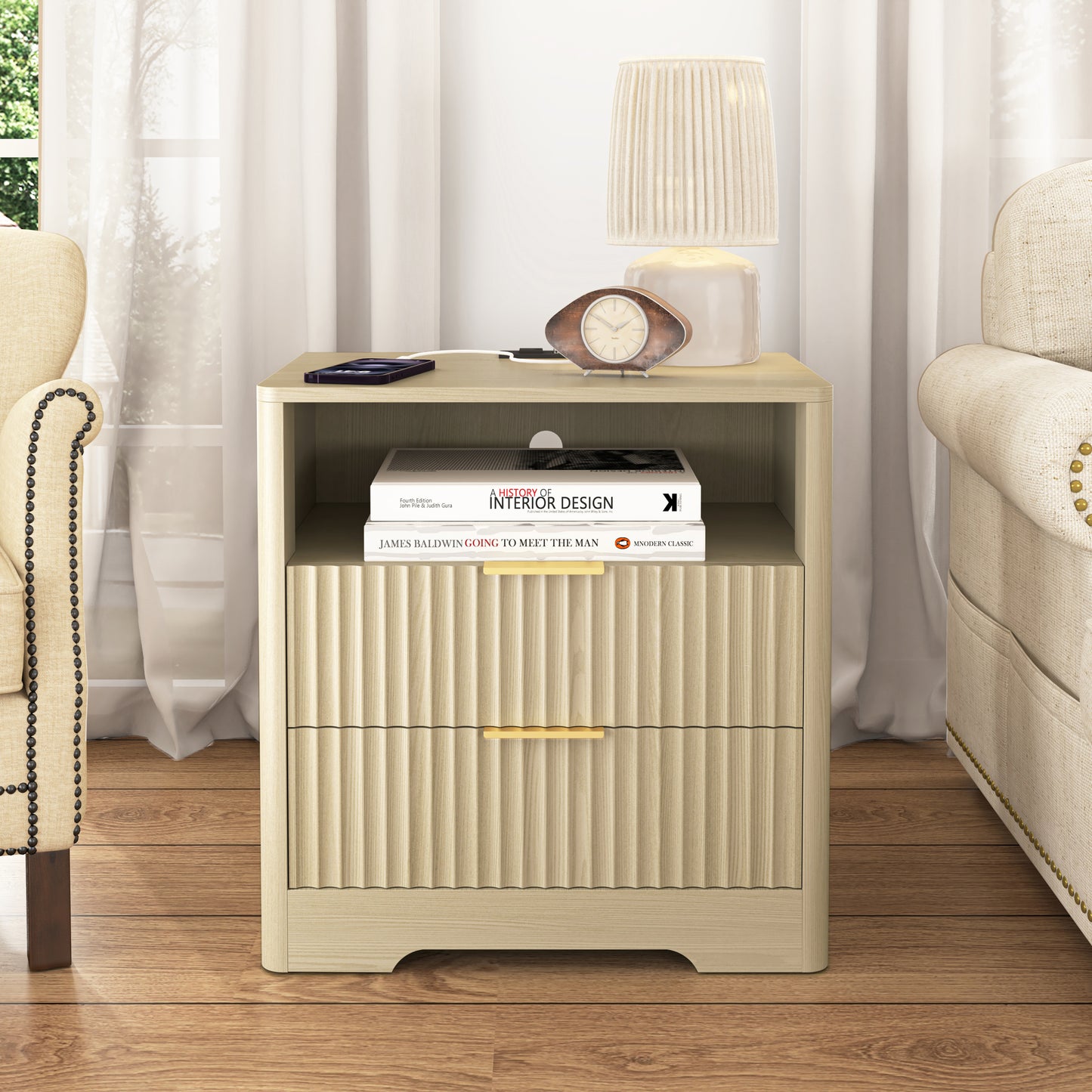 Nightstand with Charging Station, Smart Nightstand with Night Light,Bedside Tables with Storage Cabinet for Bedroom, Wood  W1321P399415