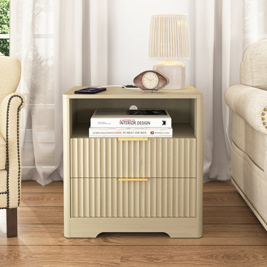 Nightstand with Charging Station, Smart Nightstand with Night Light,Bedside Tables with Storage Cabinet for Bedroom, Wood  W1321P399415