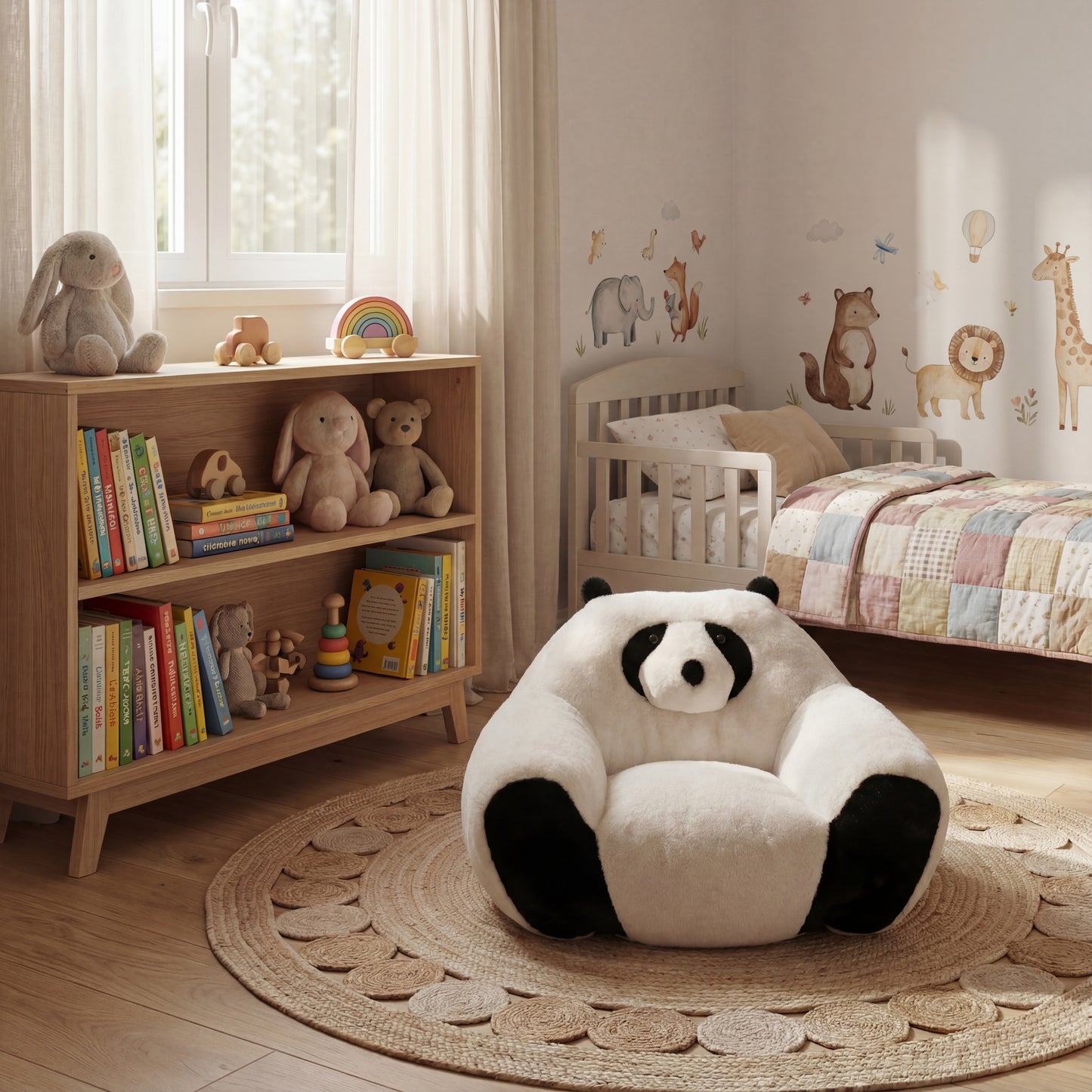 Panda-shaped beanbag chair, crafted from soft plush fabric, suitable for bedrooms, living rooms, and playrooms. Dimensions: 29.65 inches. W2012P399207