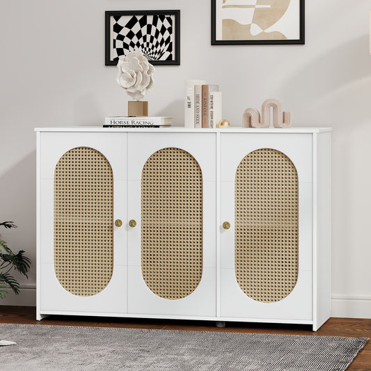 TREXM Retro 3-Door Sideboard with Large Storage Space Artificial Rattan Doors and Metal Handles, Accent Cabinet for Living Room and Hallway (White)  WF325062AAK