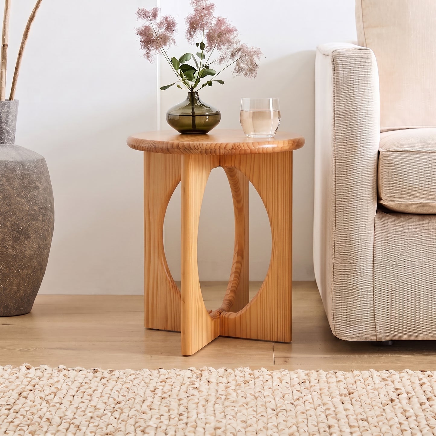 Natural Pine Wood Round End Table - Modern Geometric Cross-Leg Accent Side Table  N768P442348N