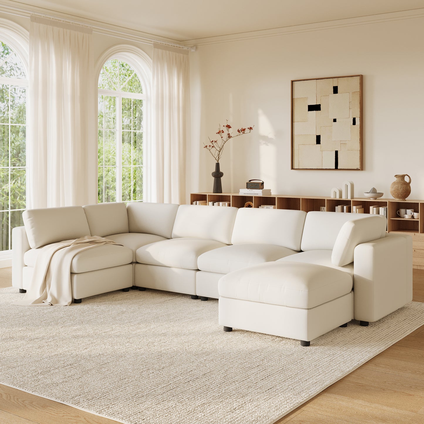 129' Modular Sectional Sofa, 6 Seat Cloud Sofa Bed with High Density Foam, U-Shaped Chenille Couch Set with Ottoman, Free Combination, Convertible Sleeper Sofa for Living Room, Apartment  N723S9792A