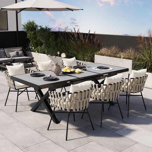 U_Style Discover unmatched flexibility in alfresco dining with six creatively arranged chairs made of polyester woven tape and a table that expands from 62.9 to 82.6 inches to suit any occasion. WY000444AAE