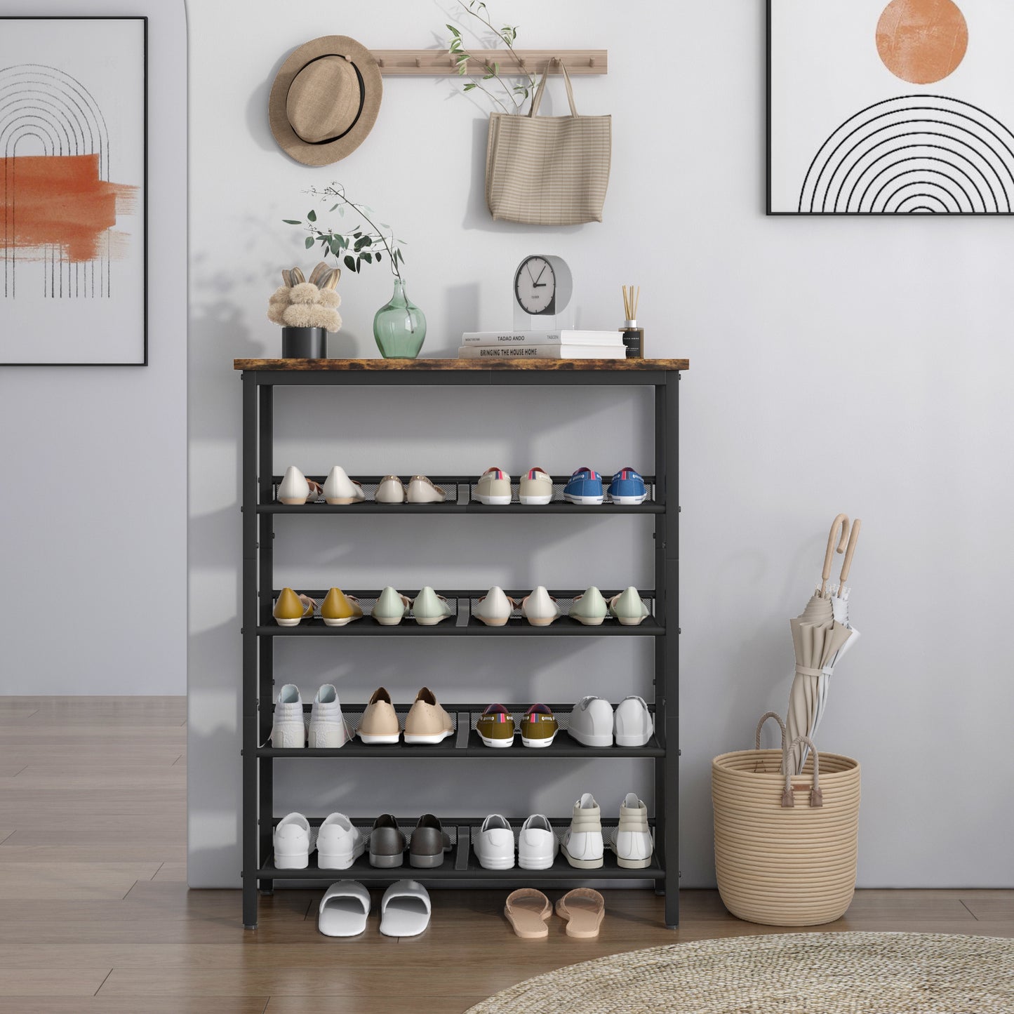 Industrial shoe rack, adjustable country style 5-layer shoe rack storage rack, with 4 mesh shelves, suitable for entrance, living room, bedroom and porch W578111247