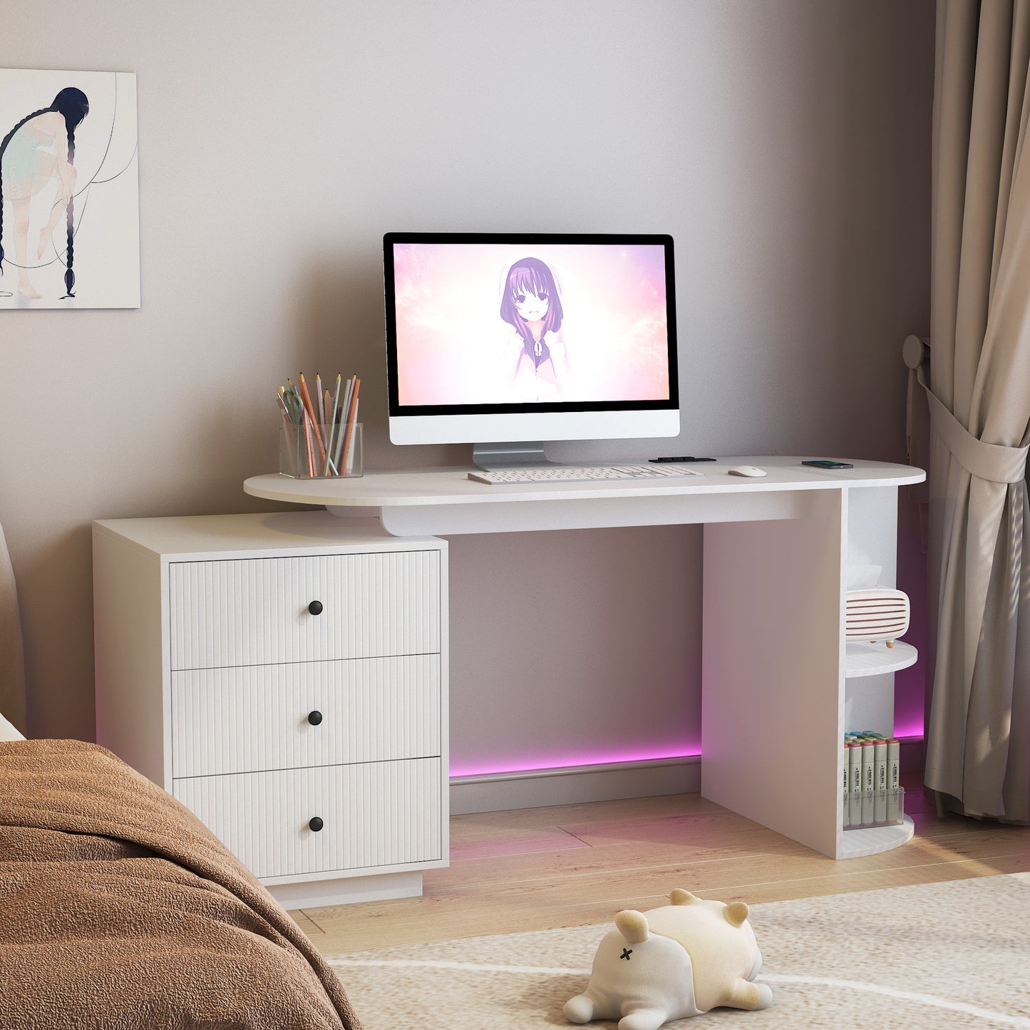 Modern Home Office Table,Expandable Desk with Storage Drawers & Open Shelf,Computer Desk with Hutch & Bookshelf,Wood Executive Desk Teens Student Desk Writing Laptop Home Office Desk  W1321P359251