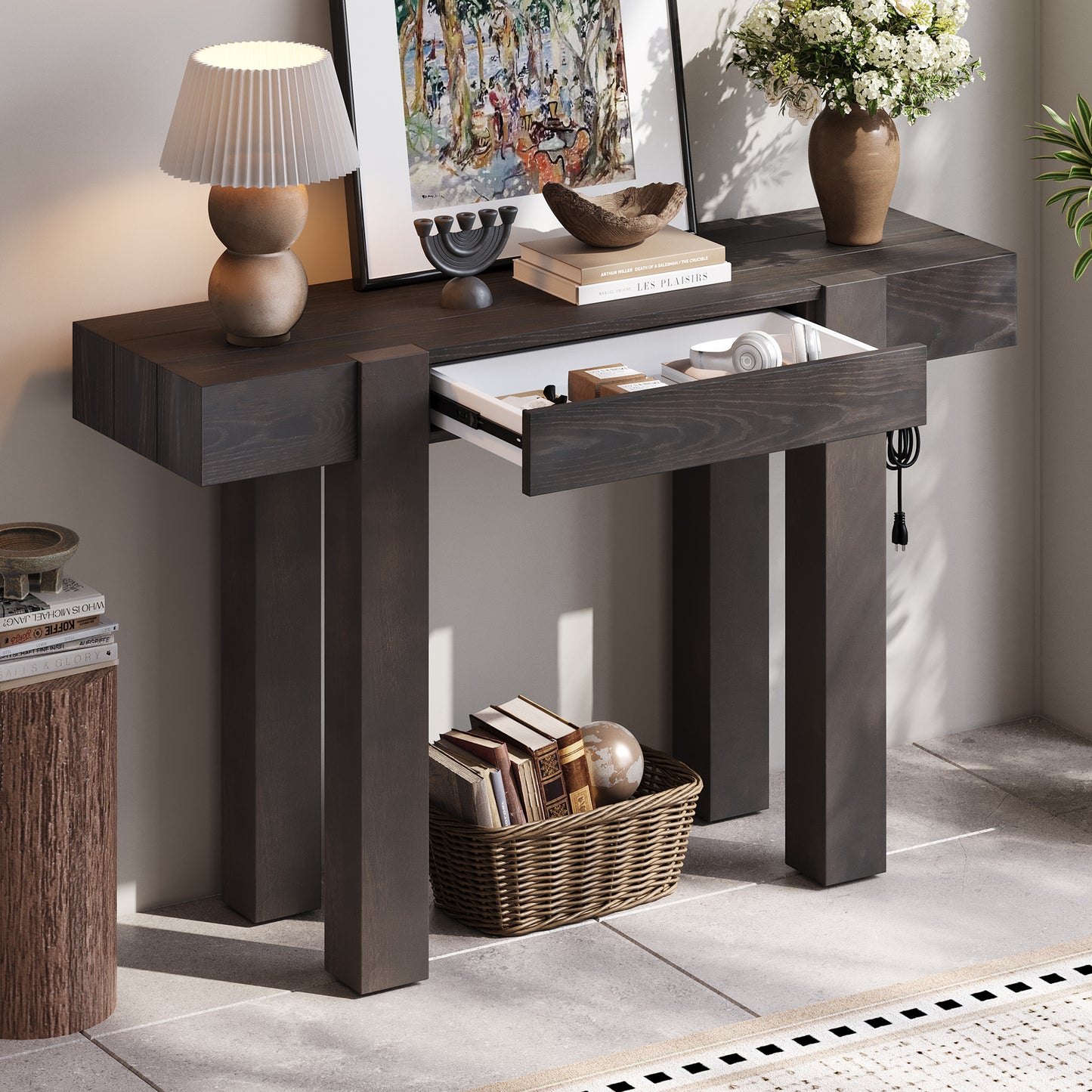 TREXM Rustic Minimalist Console Table with Hidden Drawer, Side Power Outlet,Wood Entryway Table for Entryways, Living Rooms and Home Offices(Espresso)  N715P361518P