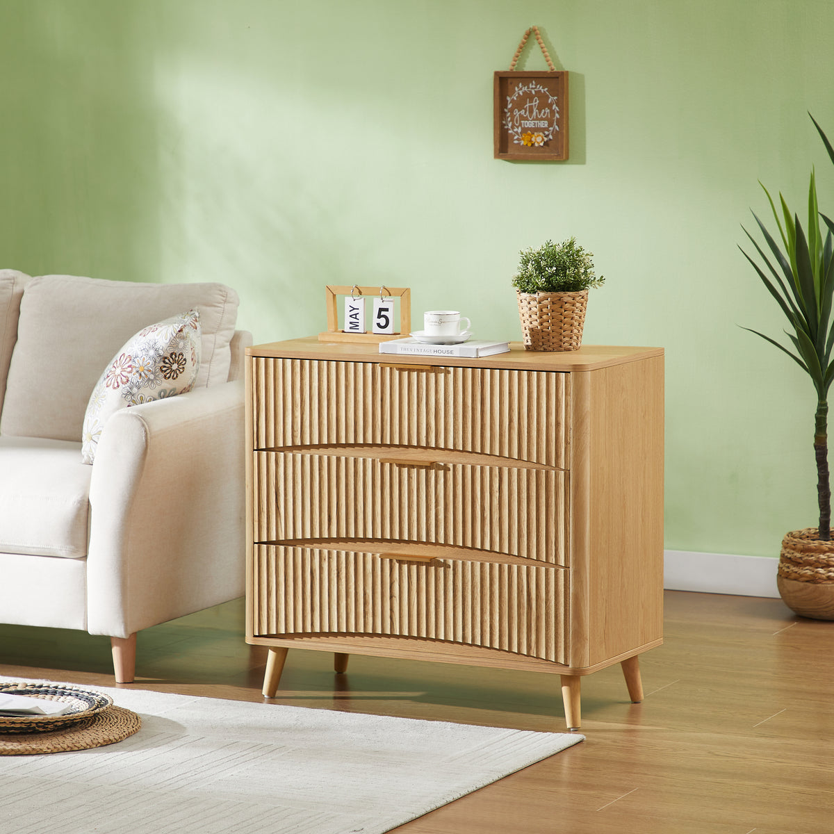 Fluted 3 Drawer Dresser, Modern Tall Chest of Drawers with Vertical Grooved Design, Wood Storage Cabinet with Metal Handles for Bedroom Living Room, Oak. (31.5'W x 15'D x 30'H).  W1820P502609