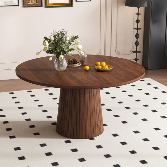 47 inch Round MDF Dining Table for 4, Modern Farmhouse Kitchen Table with Wood Strip Base, Walnut Finish Circle Table for Kitchen and Living Room  W2700P404637