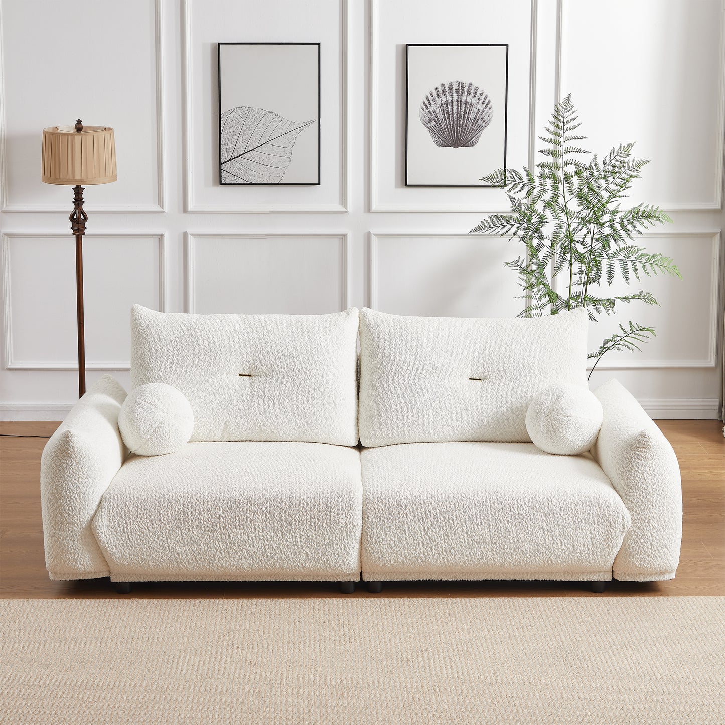 Lamb's wool 2-seater cushion sofa 90'' comfortable sofa for living room Bedroom and other casual spaces Lamb's wool sofa with 2 cushions and 2 ball pillows. (beige)  W1957S00004