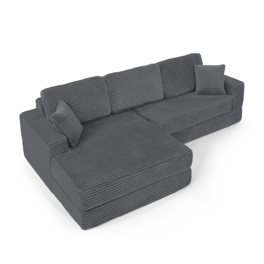 Minimalist L Shape Modular Sectional Sofa Bed in Gray Corduroy Fabric W487S00298