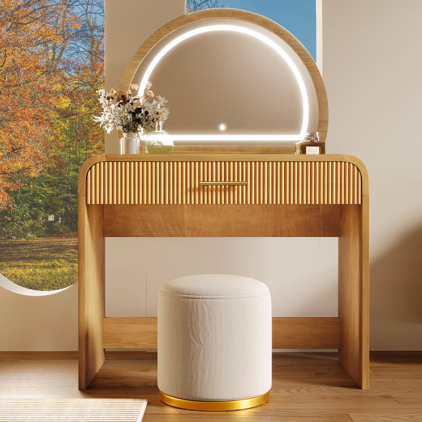 39' Makeup Vanity Table with Mirror Touch Screen Lighted Mirror, Dressing Table with Drawer for Bedroom, Natural  N704P196658N