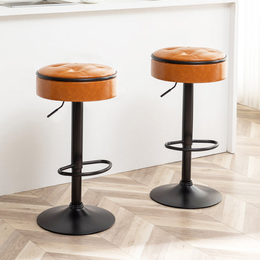 Round Storage Bar Stool Set of 2, Brown Faux Leather Height Adjustable Barstool, 360°Counter Height Swivel Stool, Armless Bar Chair with Metal Frame for Kitchen Counter Dining Living Room  W2200P152186