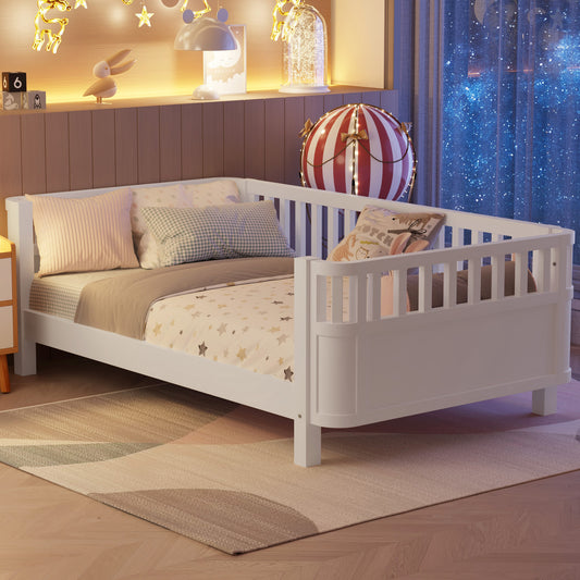 Twin Size Wood Platform Bed for Kids, Wood Low Profile Twin Bed with Rails for Girls and Boys, White (Patented Design) W2593P190148