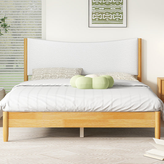 Queen Size  Rubber Wooden , Solid Wooden Bed with Teddy Velvet Cushion Upholstered Headboard, Enhanced by Support Feet,Beech White  W504P184308