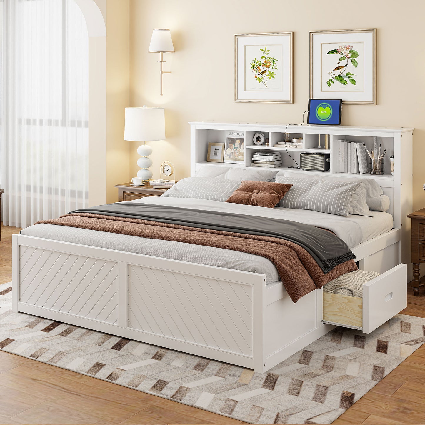 King Size Wood Platform Bed with Multi-storage Headboard, USB and Drawers, White  GX000400AAK