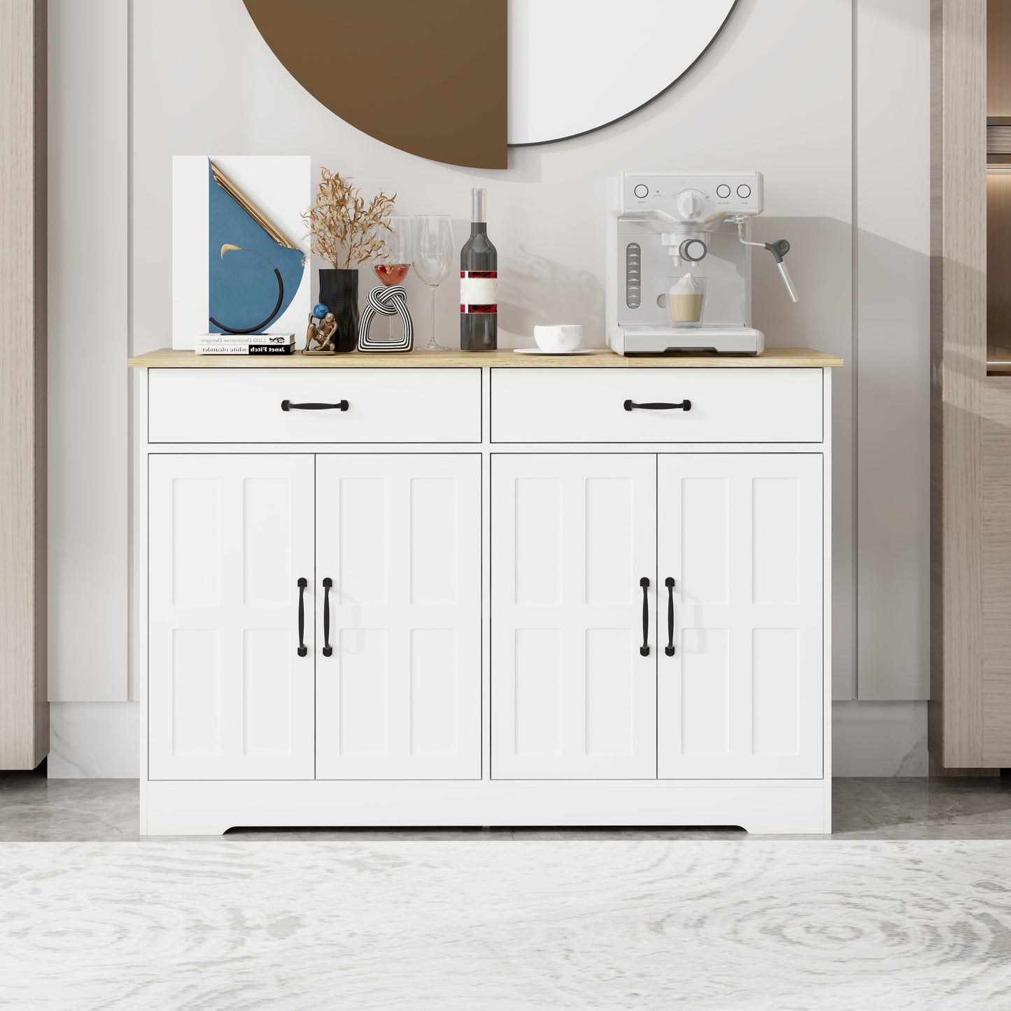 47.95' Farmhouse Buffet Cabinet Storage Sideboard with 2 Drawers and 4 Doors for Dining Living Room Kitchen Cupboard-White  W282138088