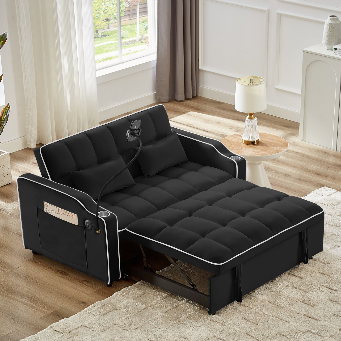 1 versatile foldable sofa bed in 3 lengths, modern sofa sofa sofa velvet pull-out bed, adjustable back and with USB port and ashtray and swivel phone stand (black)  W2151127337