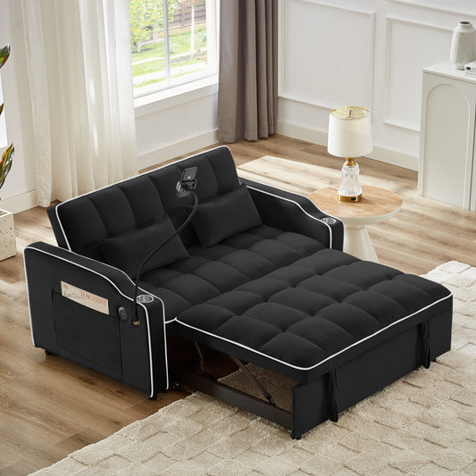 1 versatile foldable sofa bed in 3 lengths, modern sofa sofa sofa velvet pull-out bed, adjustable back and with USB port and ashtray and swivel phone stand (black)  W2151127337