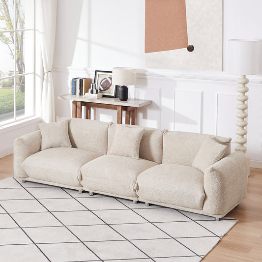Originality Shapes Camel Lambswool Sherpa 4 Seater Sofa With Metal Legs, Solid Wood Frame Couch with 3 Pillows, Linear and Modular Version Design, Possibility Combined Armchair Current Style W542S00020