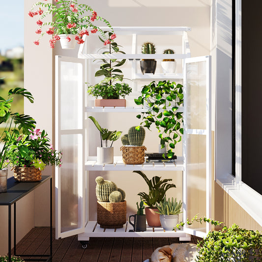 TOPMAX 62inch Height Wood Large Greenhouse Balcony Portable Cold Frame with Wheels and Adjustable Shelves for Outdoor Indoor Use, White  WF297923AAK