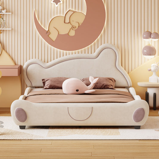 Queen Size Velvet Platform Bed with Bear-Shaped Headboard, with Bed-End Storage Pocket, Beige  SF000144AAA
