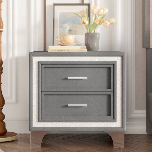 Mid Century Vintage Nightstand with Silver Glitter Strip Decor and Metal Legs, Velvet Bedside Table with 2 Drawers, Fully Assembled Except Legs and Handles, Gray  N733P183659E