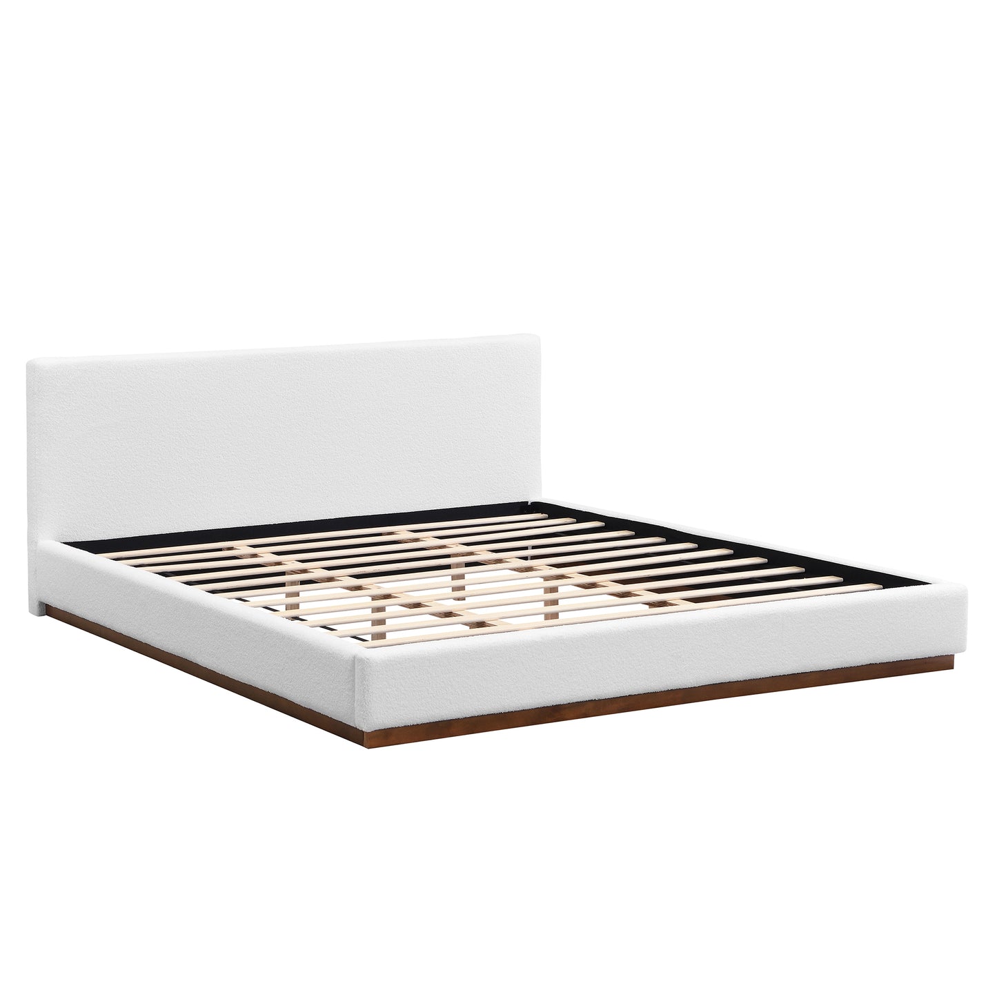 Elegant White Boucle Upholstered Bed with Wood Grain Textured Solid Wood Base Frame, King Size, White N769K348227A