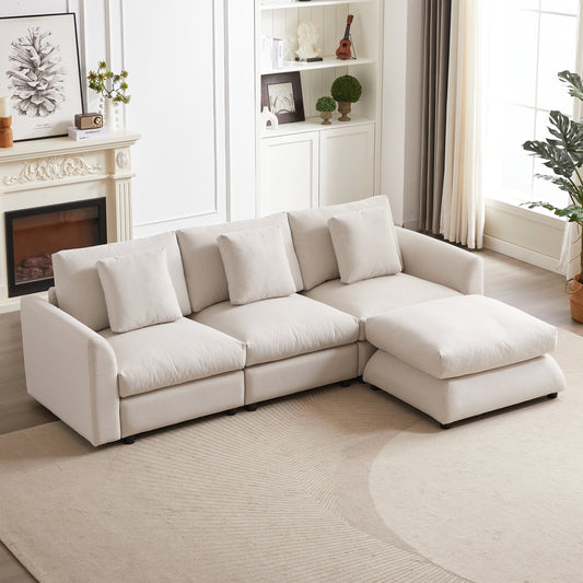 MH102.2 Inch Combination Sofa Modular Sofa with Ottoman, plastic leg,Three Cushions and Three  Pillows for Living Room, Apartment, Studio L-Shaped Sofa Sleeper Comfort Upholstered Furniture,beige  W1193S00136