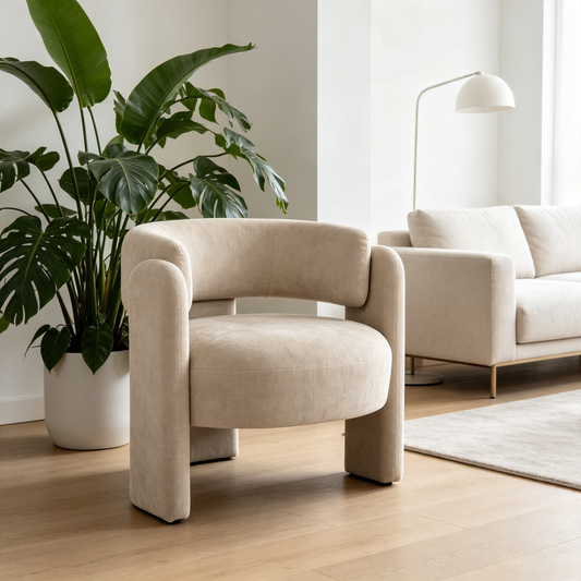 Modern Hollow Back Accent Chair, Grey Textured Fabric Curved Barrel Armchair, Block Leg Upholstered Single Lounge Chair, Unique Sculptural Side Chair for Living Room Bedroom Office  W2105P509587