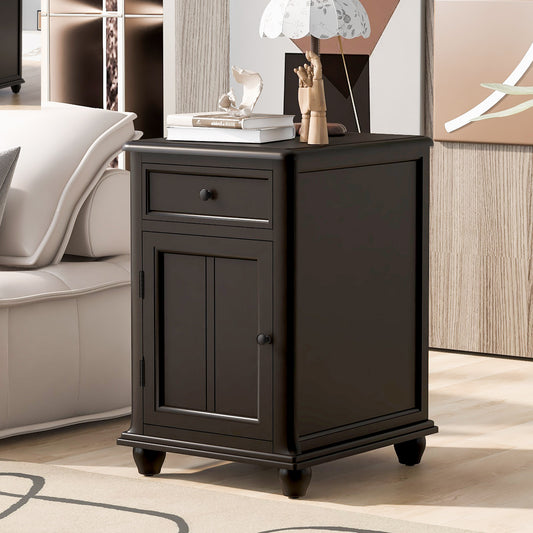 U-Can End Table with Solid Wood Legs, Side Table with USB Ports, 1 Storage Cabinet and 1 Drawer for Living Room, Antique Espresso  N724P200091P