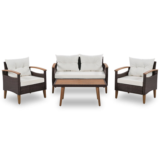 4 Piece PE Rattan Outdoor Sofa Set with Wood Table and Legs, Brown and Beige  FG201222AAA
