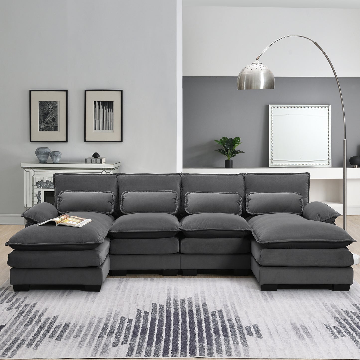 [VIDEO provided][New]109.8*55.9' Modern U-shaped Sectional Sofa with Waist Pillows,6-seat Upholstered Symmetrical Sofa Furniture,Sleeper Sofa Couch with Chaise Lounge for Living Room,Apartment,5 Color  GS008004AAE