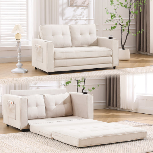 {VIDEO Provided}3-in-1 Upholstered Futon Sofa Convertible Sofa bed,Foldable Tufted Loveseat with Pull Out Sleeper Couch Bed,Folding Mattres Love Seat Daybed W/Side Pockets and Cup Holder, Beige  W2325P195865