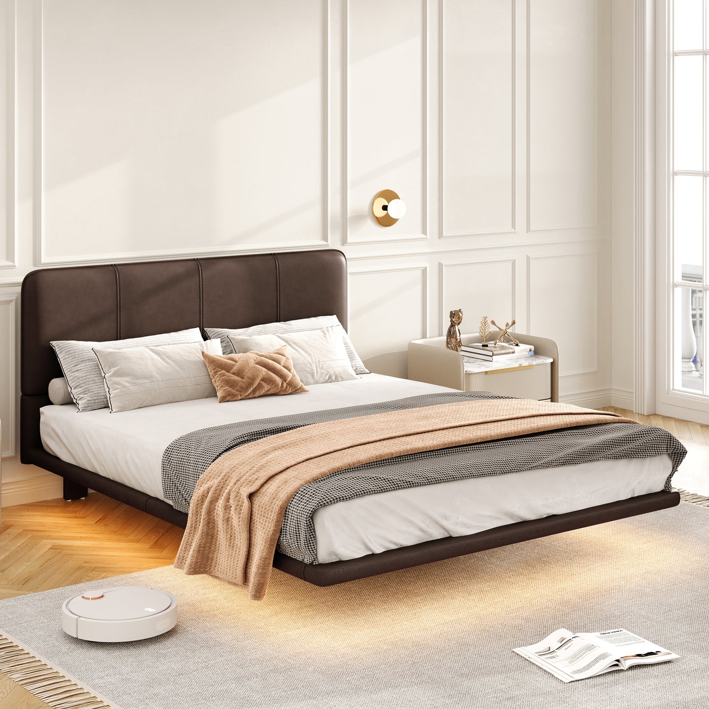 Floating Bed Frame with LED Light, Modern PU Leather Platform Bed, No Boxing Spring Needed, Assemble Easily, Full Size  N761P206085C