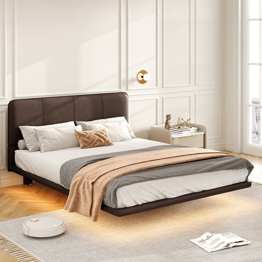 Floating Bed Frame with LED Light, Modern PU Leather Platform Bed, No Boxing Spring Needed, Assemble Easily, Full Size  N761P206085C